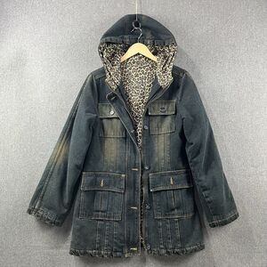 Women’s Padded Denim Hooded Jacket Small Leopard Lined Zip Button Warm
